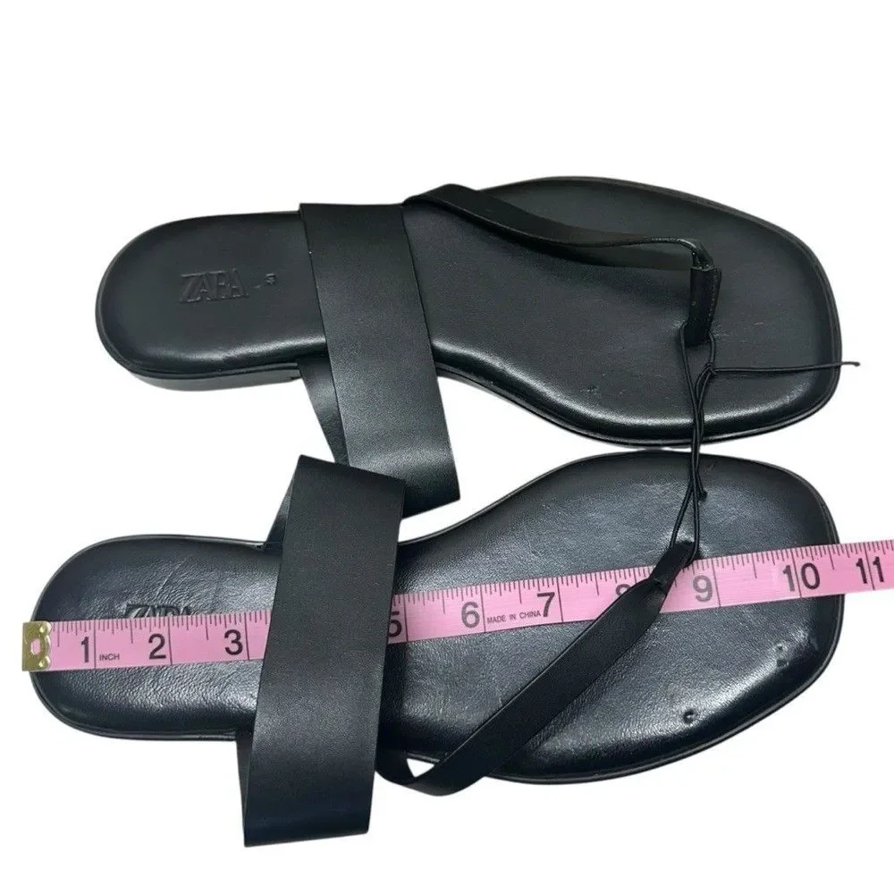 Zara Leather Sandals Womens EU 40 US 9 Black Strappy Casual Slide On Minimalist - Picture 9 of 13